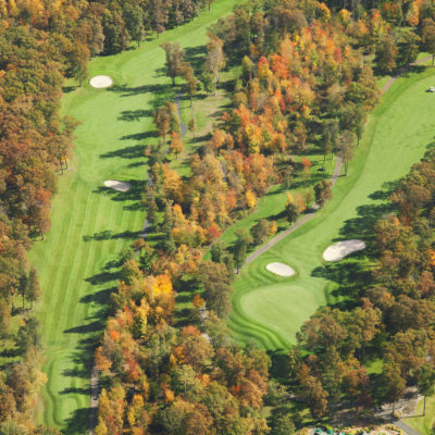 An aerial view of a golf course in Minnesota during autumn